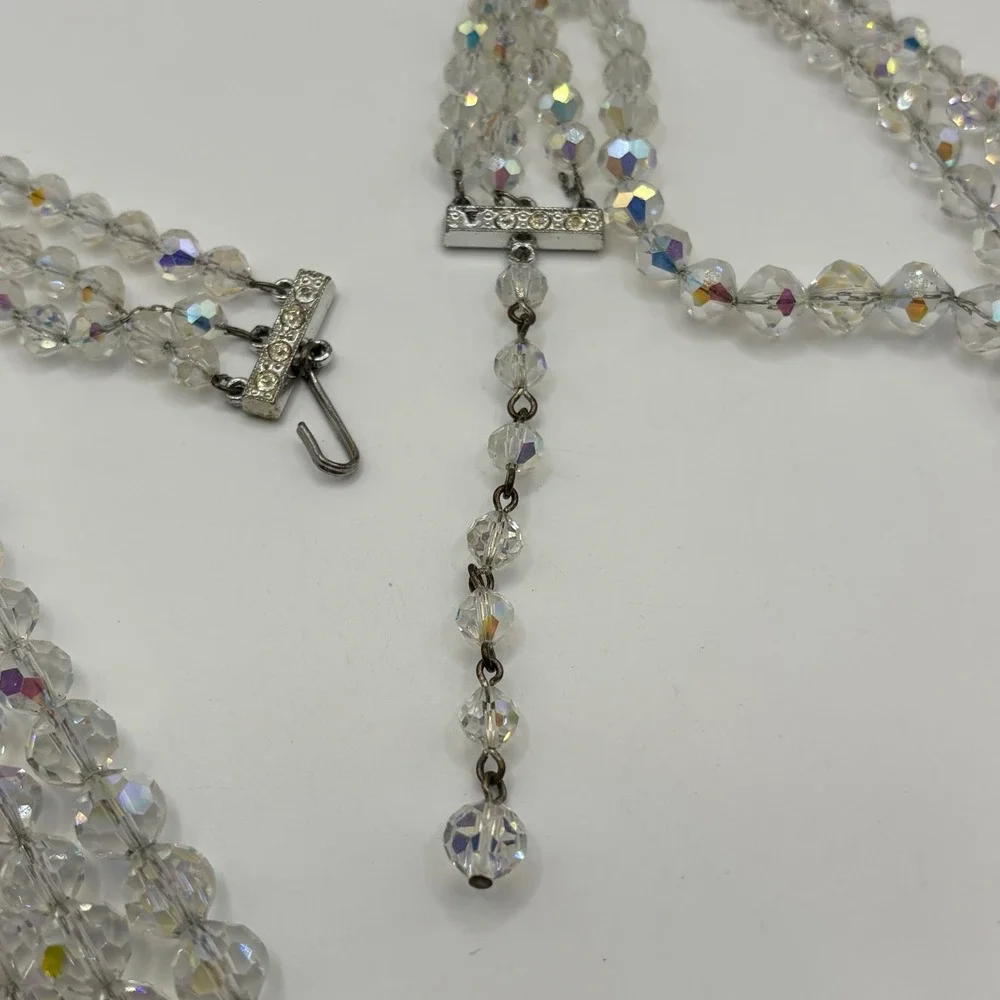 Vintage Aurora Borealis AB Crystal Glass Bead Multi 3 Strand Necklace